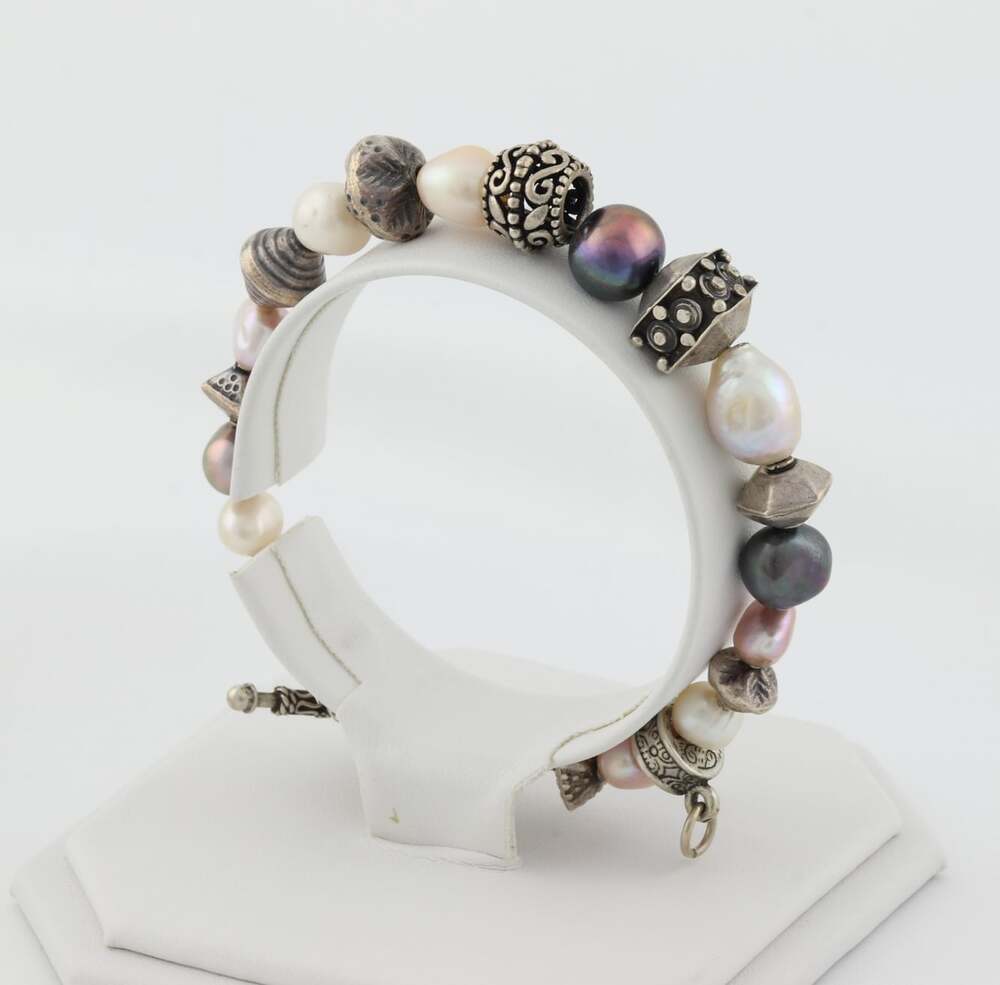 Sterling Silver Pink, White, Grey Pearl Bali Bracelet Add Charm 7 1/2" inch - Picture 7 of 7